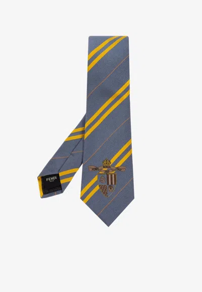 Fendi Crest Motif Striped Silk Tie