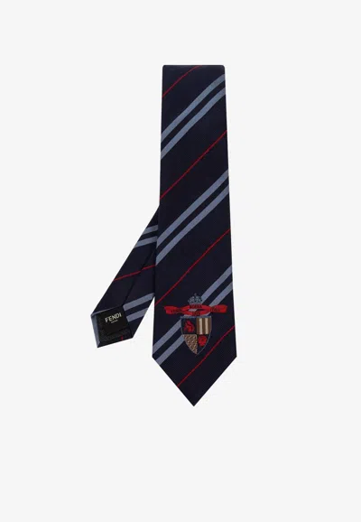 Fendi Crest Motif Striped Silk Tie