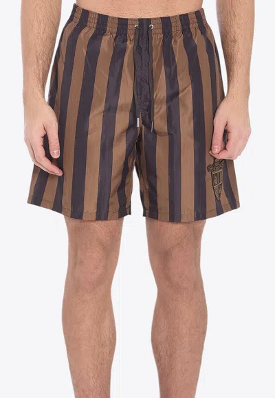 Fendi Crest Striped Swim Shorts In Black