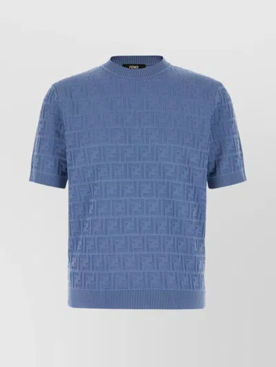 Fendi Crew Neck Cotton Sweater With Textured Pattern In Blue