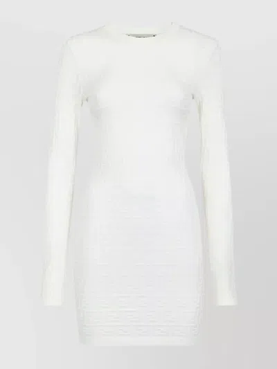 Fendi Crew Neck Geometric Pattern Long-sleeved Dress In White