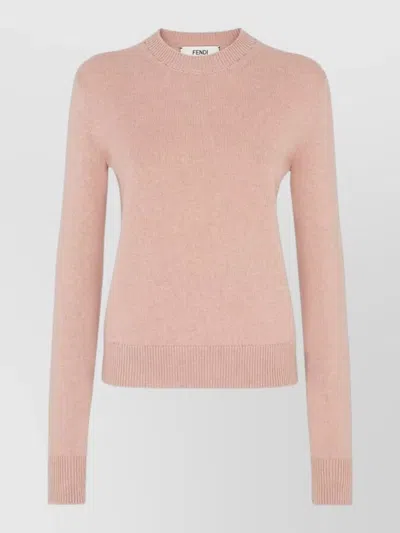 Fendi Crew Neck Wool Sweater Logo Back In Pink