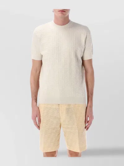 Fendi Crewneck Cotton Knit Sweater With Textured Pattern In White