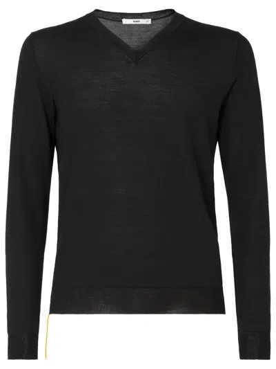 Fendi Crew-neck Wool Sweater With Shoulder Fabric Patches &  Stencil Back Print In Nero