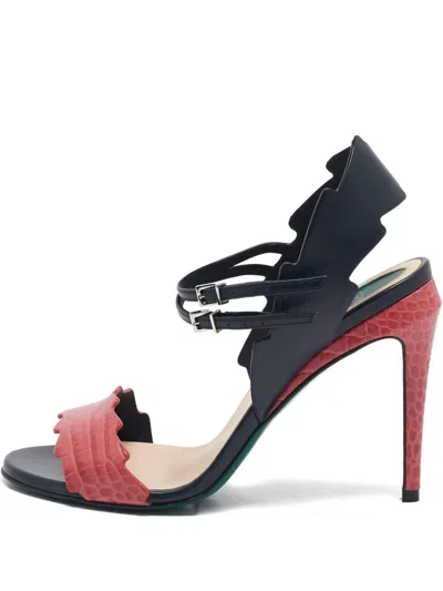 Pre-owned Fendi Croc-embossed Leather Buckle Sandals In Black