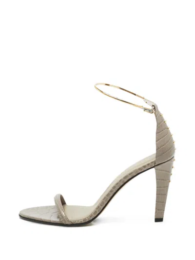 Pre-owned Fendi Croc-embossed Ankle-strap Sandals In Gray