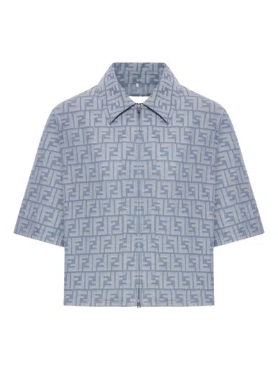 Fendi Cropped Blue Jacket With Structured Collar