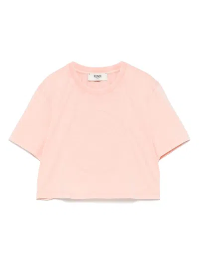 Fendi Cropped Cotton Top With Embossed Logo Detail In Pink