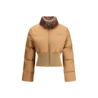 Fendi Cropped Down Jacket With Shearling Lining In Brown