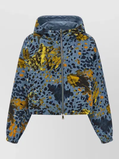 Fendi Cropped Hooded Jacket Reversible All Over Print In Blue