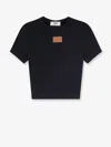Fendi Cotton Crewneck Logo Top With Ribbed Knit And Leather Patch In Black