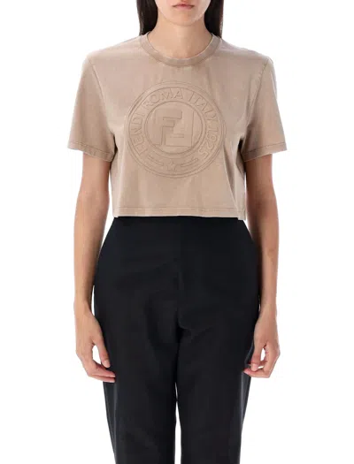 Fendi Beige Washed-out Cropped T-shirt With Logo In Neutral