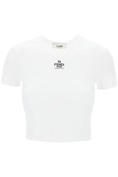 FENDI CROPPED T-SHIRT WITH LOGO EMBROIDERY