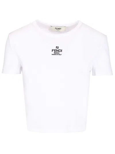 Fendi Women White Ribbed Crop T-shirt With Logo Embroidery In Cotton Woman