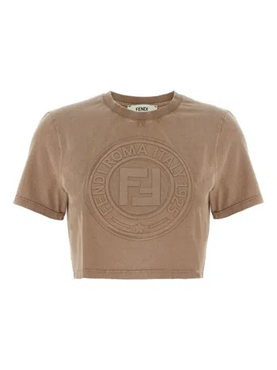 Fendi Cropped Top With Embossed Logo In Brown