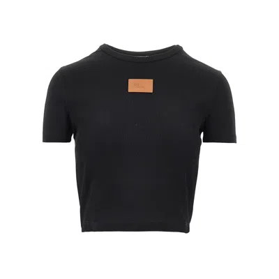 Fendi Cropped T-shirt With Leather Logo Patch In Black