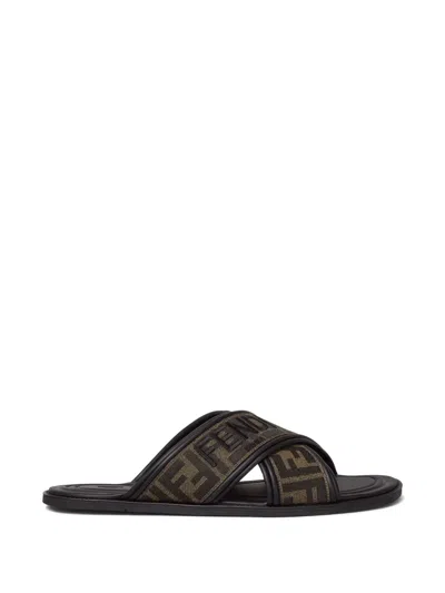 Fendi Ff Jacquard Fabric Sandals With Embroidered Logo In Black