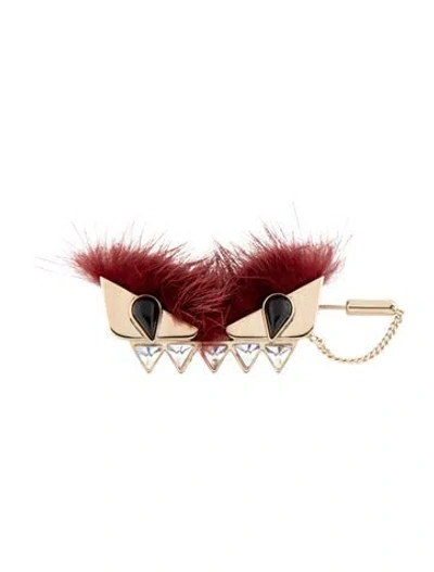 Pre-owned Fendi Crystal & Fur Spilla Monster Brooch Pin In Black/burgundy
