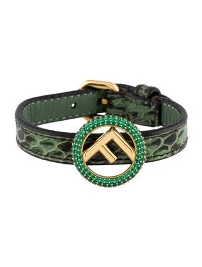 Pre-owned Fendi Crystal & Snake Skin Leather Wrap Bracelet In Green