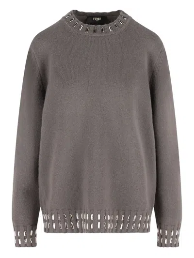 Fendi Crystal-embellished Crew-neck Sweater In Gray