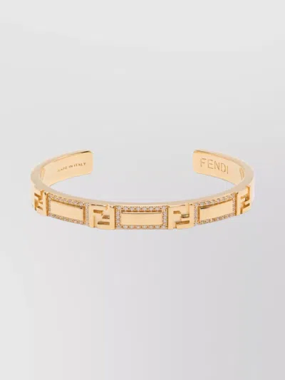 Fendi Crystal Embellished Gold-tone Open Cuff Bracelets