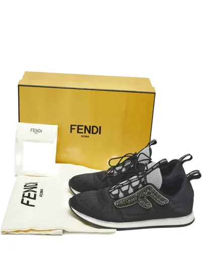 Pre-owned Fendi Crystal-embellished Lace-up Sneakers In Black