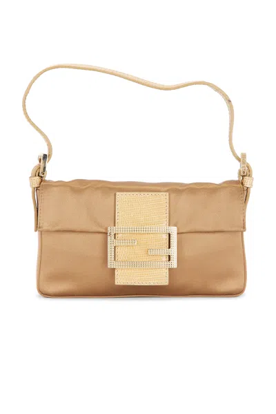 Pre-owned Fendi Crystal Embellished Satin Mini Baguette Shoulder Bag In Gold