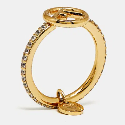 Pre-owned Fendi Crystal Gold Tone Ring Size 55