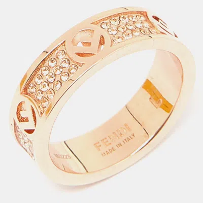 Pre-owned Fendi Crystal Gold Tone Ring Size 58
