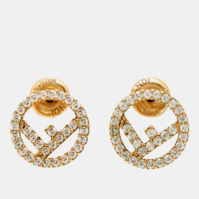 Pre-owned Fendi Crystal Gold Tone Stud Earrings