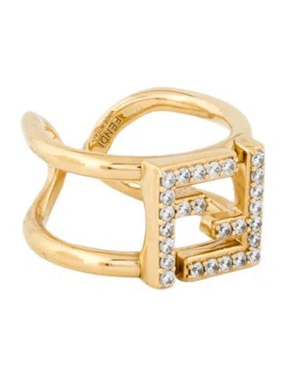 Pre-owned Fendi Crystal Logo Cocktail Ring In Silver
