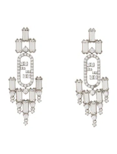 Pre-owned Fendi Crystal O'lock Chandelier Earrings In Clear