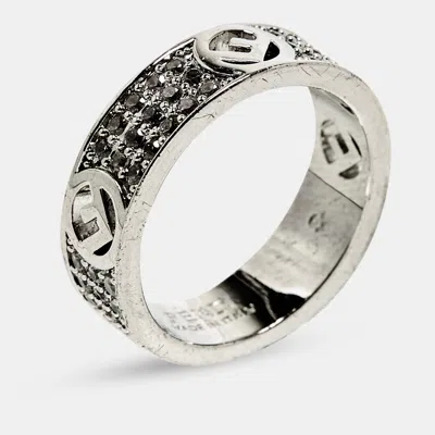 Pre-owned Fendi Crystal Pavé Silver Tone Band Ring Size 50