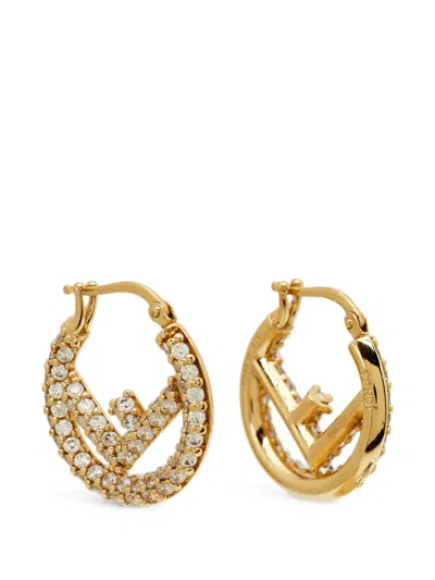 Pre-owned Fendi Crystal-embellished Hoop Earrings In Gold