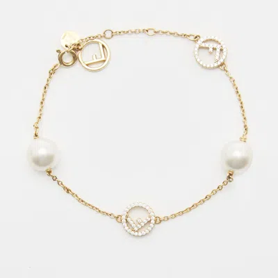 Pre-owned Fendi Crystals Faux Pearls Gold Tone Bracelet