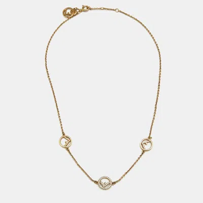 Pre-owned Fendi Crystals Gold Tone Station Necklace