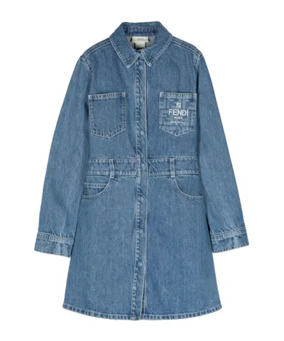 Fendi Babies' Cut-out-detailed Denim Dress In Blue