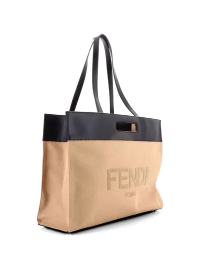 Pre-owned Fendi Cut Out Handle Shopper Tote Canvas Large Shoulder Bag In Neutral