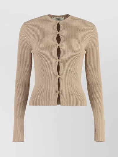 Fendi Cut-out Ribbed Cotton Cardigan With Long Sleeves In Brown