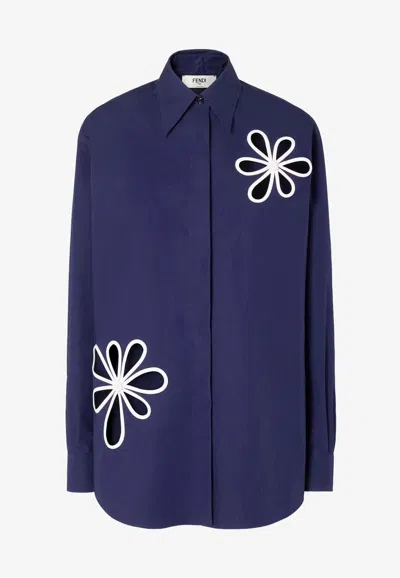 Fendi Poplin Shirt With Cut-out Details In Blue