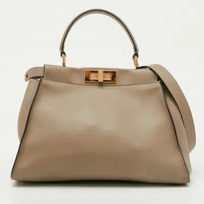 Pre-owned Fendi Dark Beige Leather Medium Peekaboo Top Handle Bag In Sand