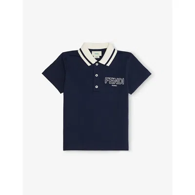 Fendi Kids' Dark Blu Branded Short-sleeved Cotton Polo Shirt 4-12 In Blue