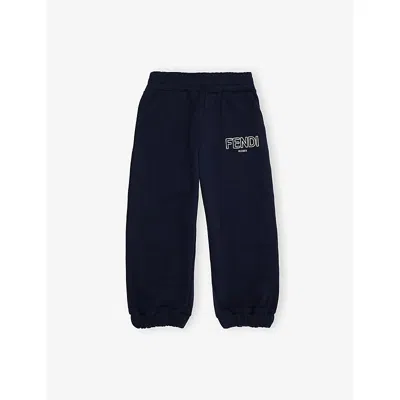 Fendi Kids' Embossed-brand Straight-leg Cotton-jersey Jogging Bottoms 4- In Blue