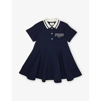 Fendi Kids' Dark Blu Logo-print Cotton Polo Dress 4-12 In Blue
