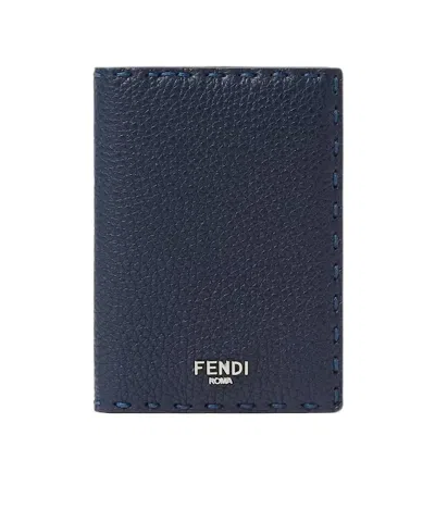 Fendi Dark Blue And Dark Red Selleria Card Holder With 104 Hand-sewn Stitches