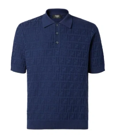 Fendi Dark Blue Cotton Tricot Polo Shirt In Multi