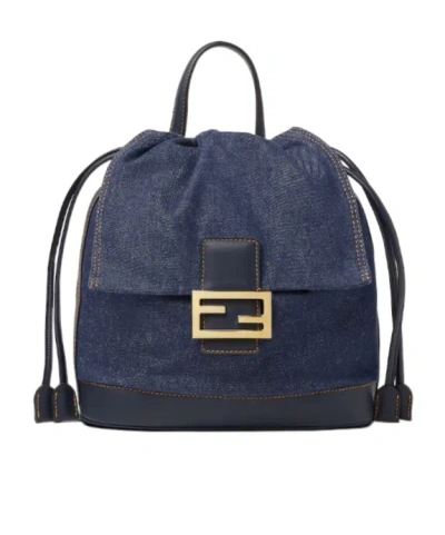 Fendi Dark Blue Denim Backpack In Black