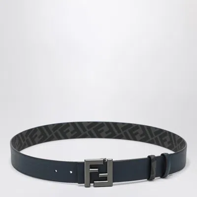 Fendi Dark Blue Leather And Black Ff Canvas Reversible Belt Men