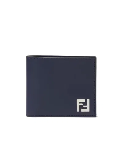 Fendi Dark Blue Leather And Ff Canvas Compact Bi-fold Wallet