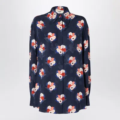 Fendi Dark Blue Satin Shirt With Floral Print